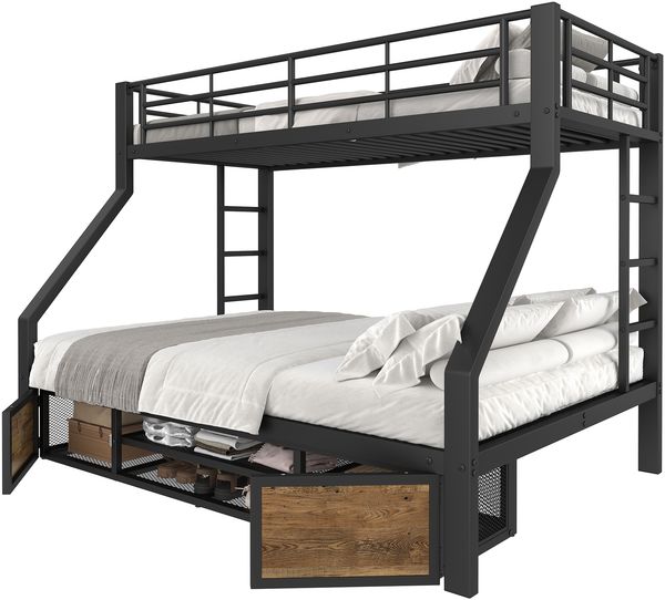Etagenbett Kinderbett 90x200+140x200 Metall MDF Schuhschrank Staufächer,Schwarz Bild 7