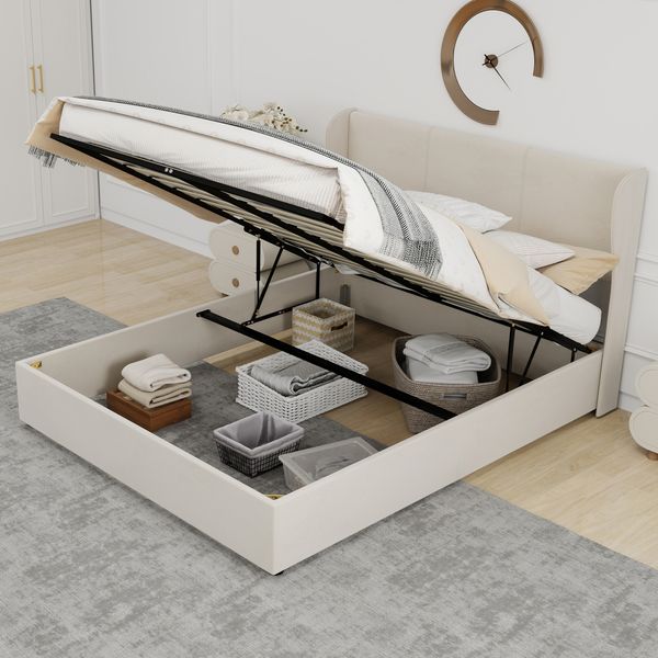 Flieks Polsterbett 160x200cm, Doppelbett mit weicher Kopfteil und hydraulischem Stauraum, Samt, Beige