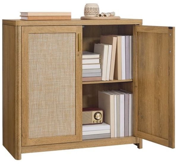 VASAGLE Küchenschrank im Boho-Stil, Türen Rattan-Optik, Sideboard, verstellbare Ablage, Wohnzimmer, braun