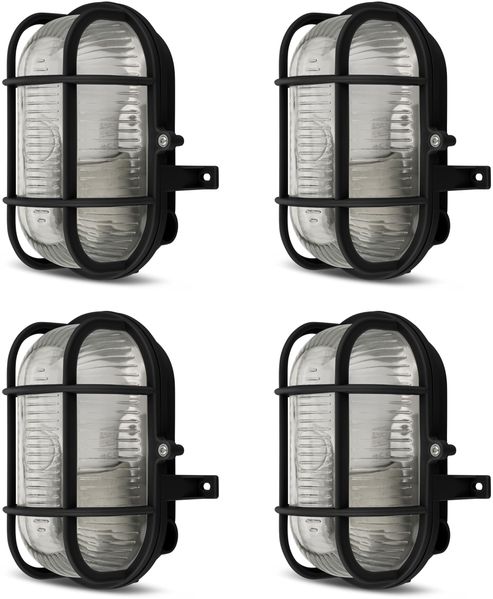 REV Kellerlampe SPARSET - 4x Feuchtraumleuchte LED oval (4,8W, 470lm, IP44), E27-Fassung, einsetzbar als Decken- oder Wandlampe, schwarz