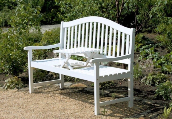 Gartenbank mit hochklappbarem Tisch aus 100% Eukalyptus white washed