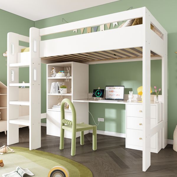 Kindereinzelbett 90×200 cm aus MDF und Spanplatte mit Schreibtisch und USB-Typ-C-Anschluss, weiß