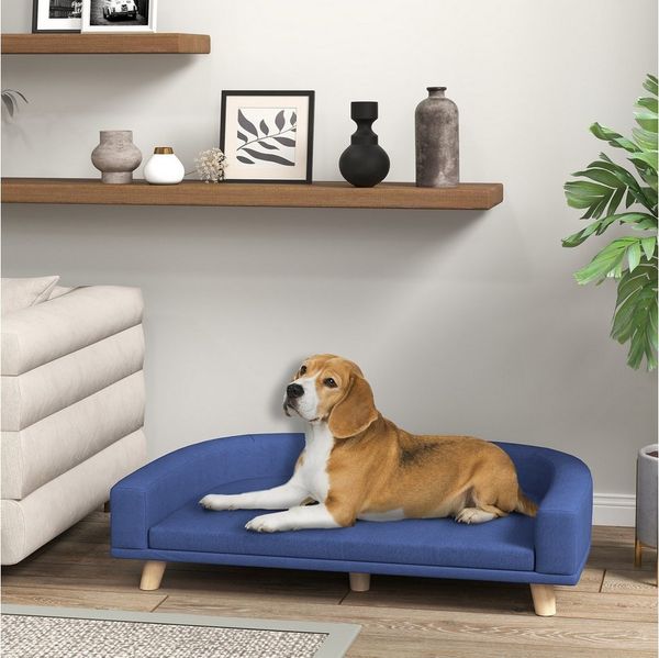 PawHut Tierbett mit Holzbeine, Sitzkissen, Polyester, für große Hunde, 98 x 67 x 25 cm Blau