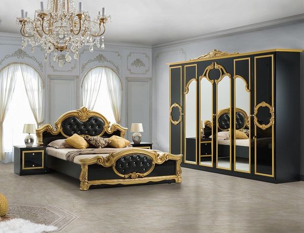 Interdesign24 Schlafzimmer-Set Donna, (4-Teilig, inkl. Spiegeltüren und Polsterung im Kopf- und Fußteil, im ausgefallenem Barock-Stil), Bett 160 x 200 cm, in Hochglanz Schwarz/Gold