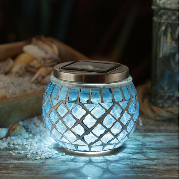 MARELIDA LED Solarleuchte Solar Windlicht Mosaik Glas Solarglas Mosaikleuchte für Balkon blau, LED Classic, kaltweiss (5300K bis 6000K)