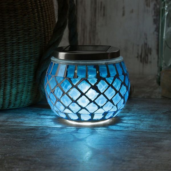 MARELIDA LED Solarleuchte Solar Windlicht Mosaik Glas Solarglas Mosaikleuchte für Balkon blau, LED Classic, kaltweiss (5300K bis 6000K)