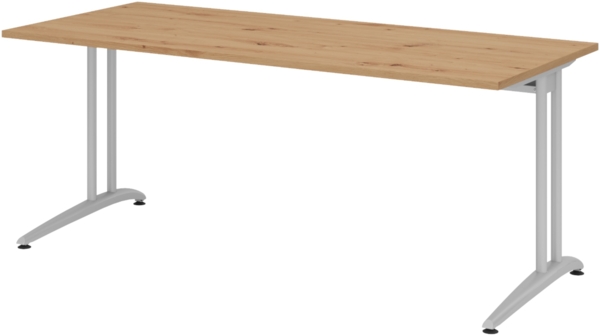 bümö Schreibtisch groß, Serie 180x80 cm, Tischplatte aus Holz in Asteiche, Gestell aus Metall in Silber - PC Tisch, großer Computertisch für's Büro, Office Bürotisch, BS-19-R