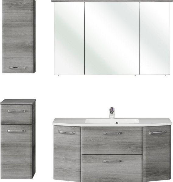 Saphir Badmöbel-Set Quickset 4-teilig, Mineralmarmor-Waschtisch und LED-Spiegelschrank, (5-St), Unterschrank, Hängeschrank, inkl. Türdämpfer, 7 Türen, 1 Klappe