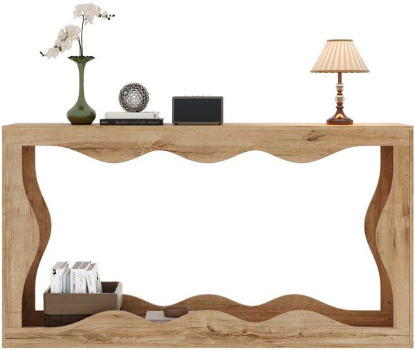 Wellenrand Konsolentisch, 2-stöckiges Regal, Holzoptik Langtisch, Wohnzimmer Deko-Tisch, Flur Regal, Naturkante Desig,Beistelltisch