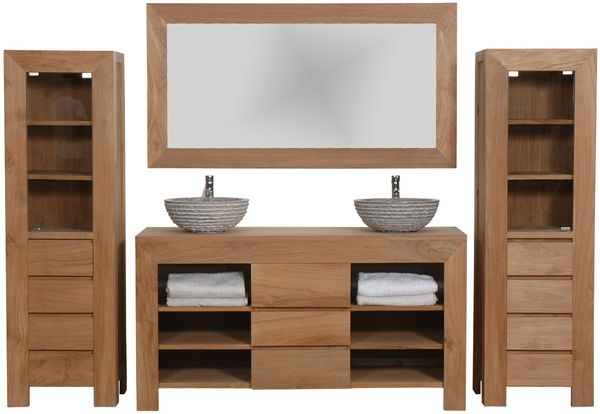 Badmöbel Set Pajala Teak Massivholz - Breite vom Unterschrank: 180 cm - Breite vom Spiegel: 180 cm - Anzahl Hochschränke: ohne Hochschrank