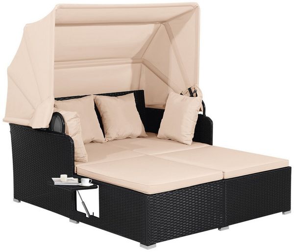 COSTWAY Loungebett, Rattan, 2-Personen, mit einziehbarem Sonnendach, Kissen