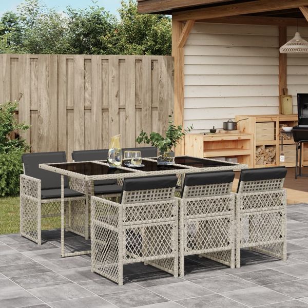 vidaXL 7-tlg. Garten-Essgruppe mit Kissen Hellgrau Poly Rattan 3210731