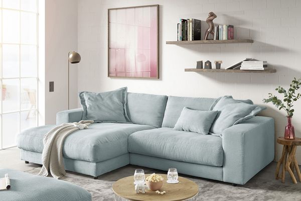 KAWOLA Sofa MADELINE Ecksofa Cord hellblau Longchair links 85 x 190 x 270 cm