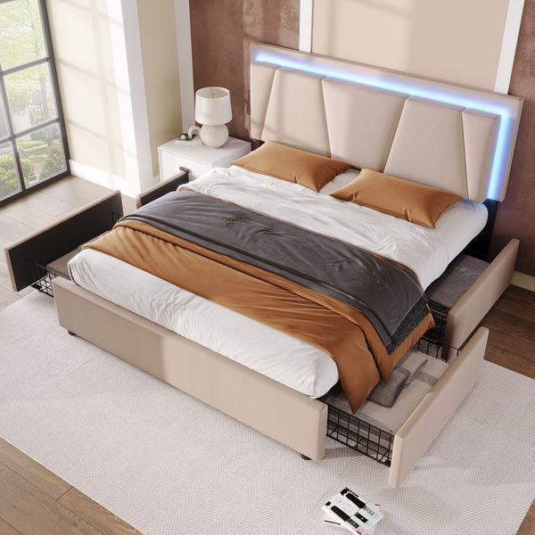 Polsterbett mit LED-Beleuchtung & 4 Schubladen, 140x200 cm, Beige, ohne Matratze