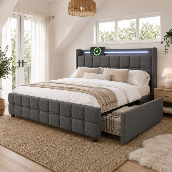 Polsterbett 180x200 cm Doppelbett mit USB-Ladefunktion im Kopfteil, LED-Beleuchtung und 4 Schubladen, inkl. Lattenrost, Grau