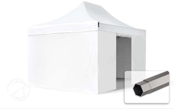 3x4,5 m Faltpavillon, PREMIUM Stahl 40mm, feuersicher, Seitenteile ohne Fenster, weiß