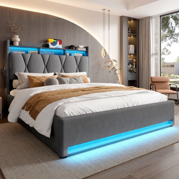 140x200 cm Gepolsterter Bettrahmen mit LED-Beleuchtung, USB-Anschlüssen und Stauraum in Grau