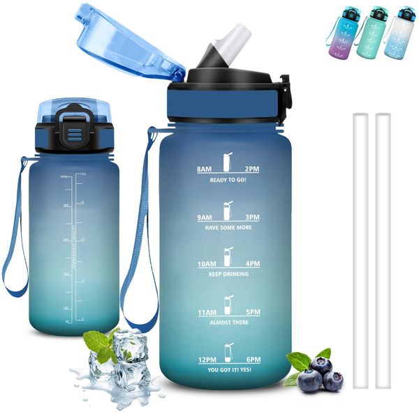 Grsta Trinkflasche Kinder, Trinkflasche 500ml, Wasserflasche mit Strohhalm, Leicht zu Reinigen, Wasserflasche Auslaufsicher, Kann mit dir Tragen, Flasche Motivation, Flasche für Schule, Camping