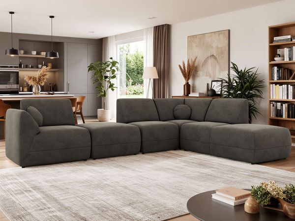 Wohnlandschaft modular NOARA 6M L, Eckcouch mit Wellenfederung, freistehendes Ecksofa, Modernes Design - Dunkelgrau Velvet - Rechts