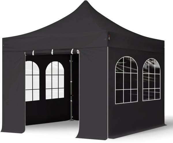 3x3 m Faltpavillon, PREMIUM Stahl 40mm, Seitenteile mit Sprossenfenstern, schwarz