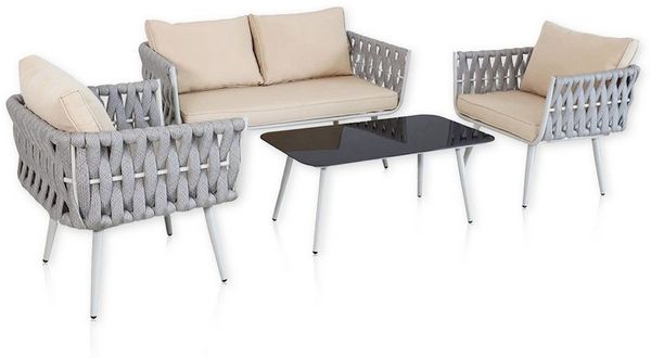Lycce Loungeset Gartenmöbel-Set WEAVE: 2 Sessel, 1 Sofa, 1 Tisch mit Glasplatte, Loungemöbelset mit Kissen