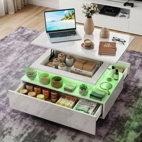 oyajia Couchtisch Hochglanz Wohnzimmertisch Mit LED Beleuchtung, Höhenverstellbarer (Bluetooth-Fernbedienung. App-Steuerung, offenen Fächern,stabil, pflegeleicht, Hochglanz-Design, 85 x 55 x 42-59.5cm Beistelltisch), mit 2 Schubladen und Stauraum