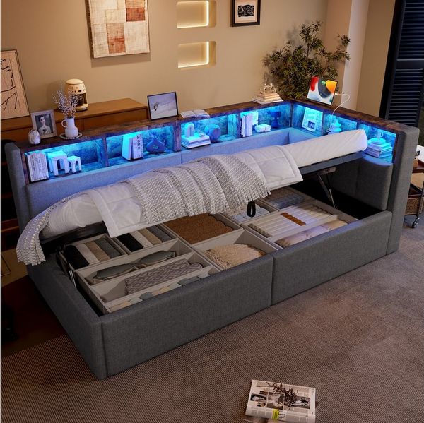 MODFU Schlafsofa mit Leinenbezug, Kinderbett Polsterbett, inkl. hydraulischem Stauraum, LED-Streifenlicht und USB-/Typ-C-Anschlüssen 90x200cm, ohne Matratze