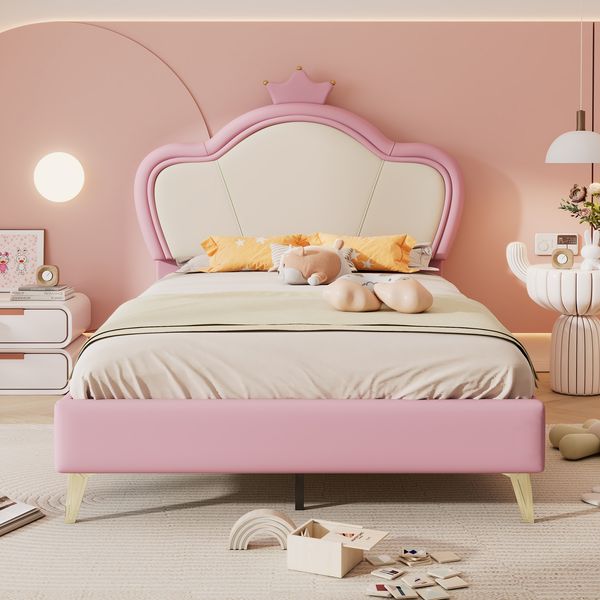 Polsterbett 90x200 cm aus PU mit gepolstertem Kopfteil und Krone – kindgerechtes Einzelbett in Rosa+Weiß