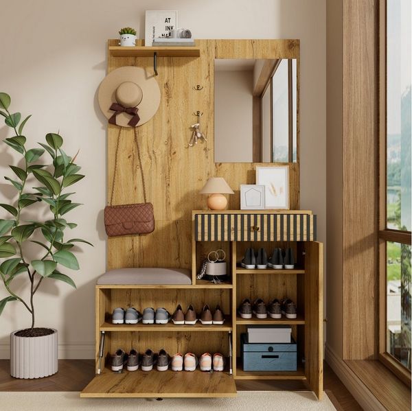 Merax Garderoben-Set mit Spiegel, Schuhschrank & Sitzkissen, (Garderobenkombination Möbelset für Eingangsbereich, 1-St, 110 x 185,5 x 37 cm), Flurgarderobe mit Soft-Close Türen, Regalen, Haken & Schublade
