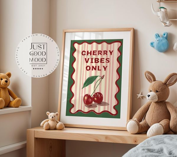 Poster Kinderzimmer Kirschen · Cherry Vibes Only · Fruchtige Wanddeko im Retro Look · Lustiges Spruchposter · Deko Print Ohne Rahmen - 21x30cm