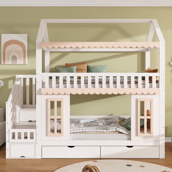 Merax 90x200cm Etagenbett, Kinderbett, Hausform, Seitlicher Stauraumschrank mit Leiter, 2 Schubladen, Dekorative Holzfenster und Zierleisten, Kiefer+MDF, Weiß+Natur