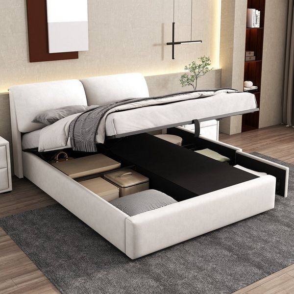 MODFU Polsterbett Schlafzimmerbett mit hydraulischem Bettkasten (140*200cm, ohne Matratze), mit 3 Schubladen,Bettkasten zur Aufbewahrung
