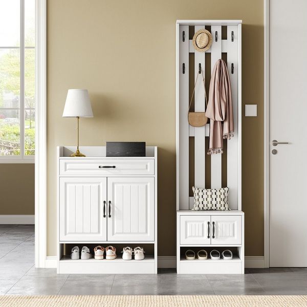 Merax Garderoben-Set Garderobenset 2-teilig, (1-St, mit Schuhbank & Schuhschrank, 8 Haken, 4 Türen, 1 Schublade), Wandgarderobe, Flurmöbel, 125×36×190 cm, Weiß