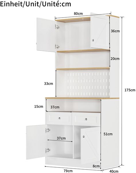 Sideboard,Stilvoller weißer Esszimmer Sideboard mit 2 Schubladen und 4 Türen Elegantes Buffet für Küche Esszimmer & Wohnzimmer mit Silber Griffen und großzügigem Stauraum,weiß, Bild 4