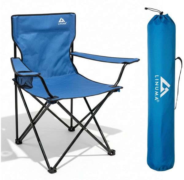 LINUMA Campingstuhl faltbar mit extra großem Getränkehalter, stabiler Klappstuhl schwarz (1 St), Faltbarer Campingstuhl mit XL-Getränkehalter für Festival & Outdoor