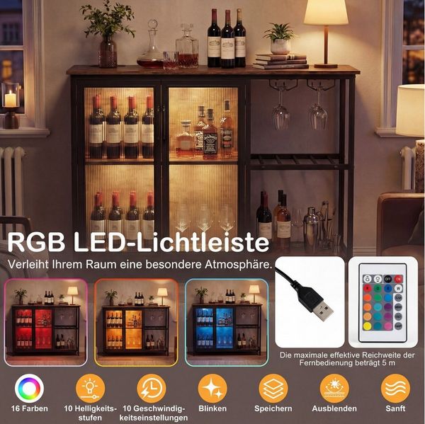 COSTWAY Weinschrank mit LED Buffetschrank mit Steckdosen, Glastür 110cm