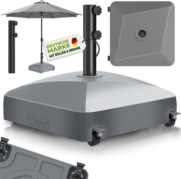 tillvex® Sonnenschirmständer GRAVIA mit Rollen & Bremsen Anthrazit | Schirmständer befüllbar 37 Liter / 56 kg | Schirmgewicht Sonnenschirm & Marktschirm Ø 1,8-3,7m | Ampelschirmständer wetterfest