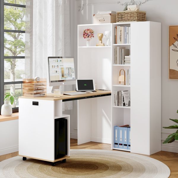 2-in-1 Klappschreibtisch mit Hochregal, Platzsparender Schreibtisch mit Bücherregal,höhenverstellbaren Ablagen, USB-Anschlüssen