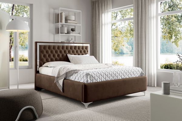 MEBLINI Polsterbett 140x200 mit Lattenrost ohne Matratze – ARONA SILVER – Braun Samt – Doppelbett mit Bettkasten - Stauraumbett - Kopfteil Bett mit Stauraum
