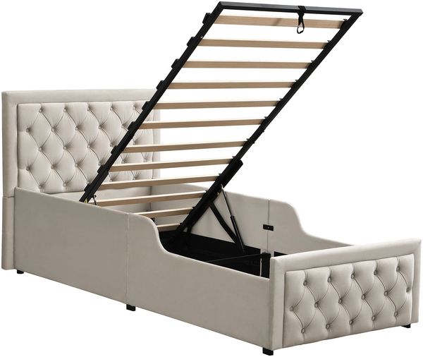 Polsterbett, Einzelbett, Kinderbett 90 x 200cm, hydraulisches Funktionsbett, Bett mit Lattenrost, Kopfteil und großem Stauraum, gepolstertes Kopfteil, samt, beige Bild 9