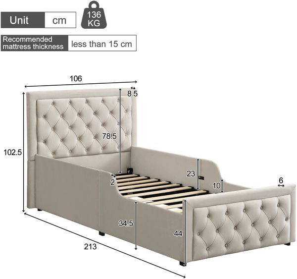 Polsterbett, Einzelbett, Kinderbett 90 x 200cm, hydraulisches Funktionsbett, Bett mit Lattenrost, Kopfteil und großem Stauraum, gepolstertes Kopfteil, samt, beige Bild 7