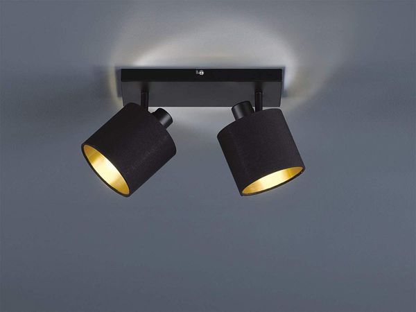 LED Deckenstrahler 2-flammig Schwarz, Stoffschirme Schwarz Gold, Breite 28cm