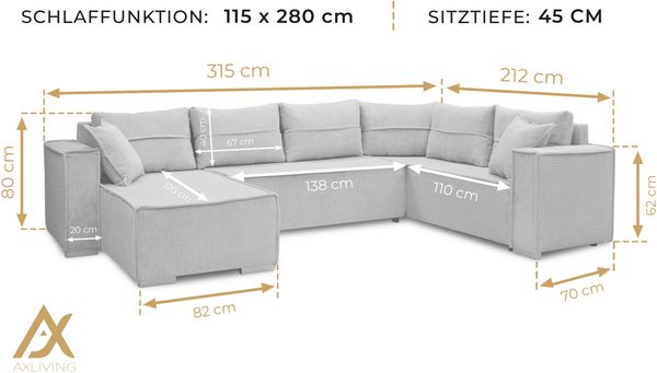 AX LIVING Lovere ecksofas groß 314 cm dunkelgrau Wohnlandschaft Bild 2