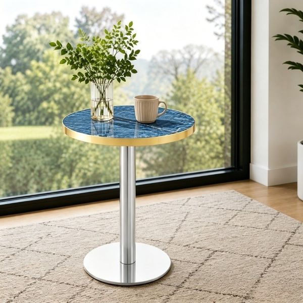 Moderner Runder Beistelltisch, Marmor-Optik Tischplatte mit Goldenem Rand, Stabiles Metallgestell in Schwarz/Gold/silbernem, Ideal als Couchtisch, Nachttisch oder Balkontisch