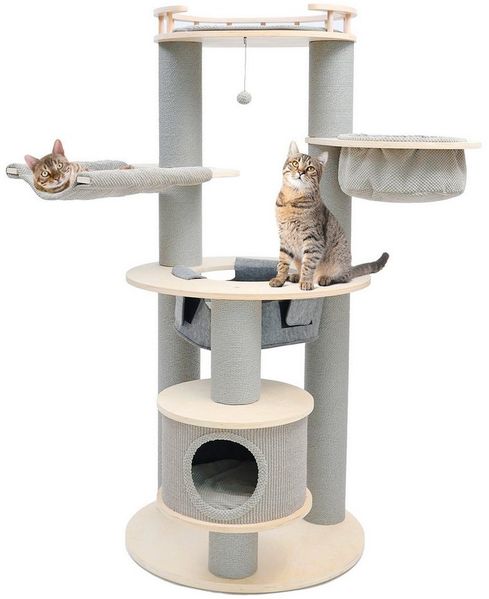 Canadian Cat Company Kratzbaum Harper, beige-anthrazit, 168cm, Stabiler Katzenbaum mit Katzenhaus & 3 Hängematten, 76 x 76 x 168 cm
