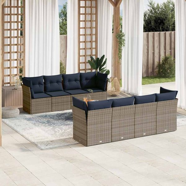 vidaXL 9-tlg. Garten-Sofagarnitur mit Kissen Grau Poly Rattan 3255858