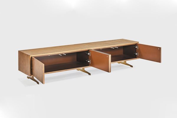KAWOLA Lowboard GALA TV-Board 4 Türen Kunstleder goldfarben Fuß Edelstahl gebürstet 42 x 40 x 200 cm