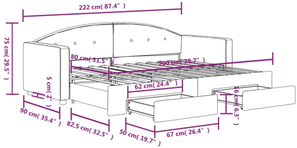 vidaXL Tagesbett Ausziehbar mit Schubladen Schwarz 80x200 cm Samt 3197346 Bild 8