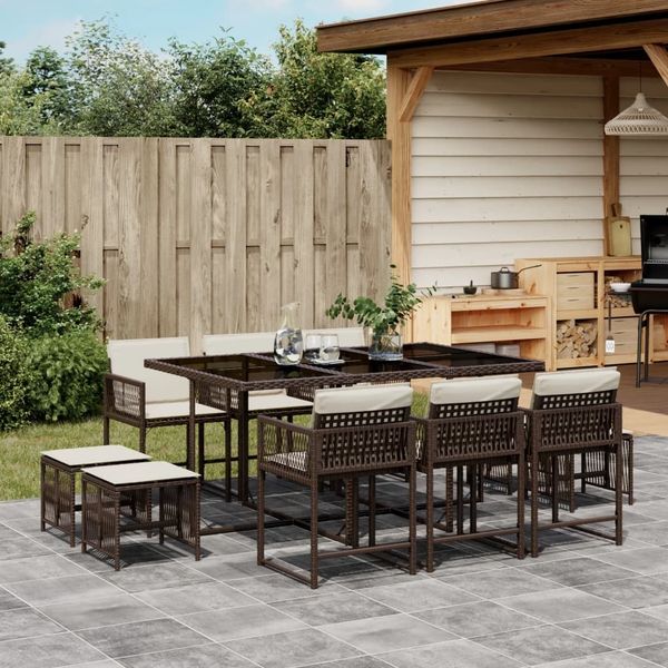 vidaXL 11-tlg. Garten-Essgruppe mit Kissen Braun Poly Rattan 3211509