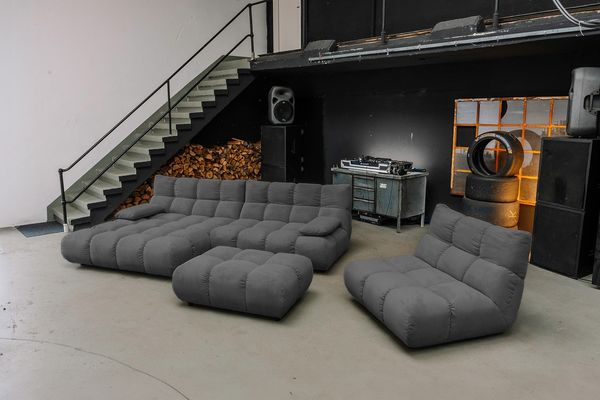 KAWOLA Sitzgruppe VIVIEN Ecksofa links Drehsessel Hockerbank Feincord anthrazit 85 x 359 x 510 cm